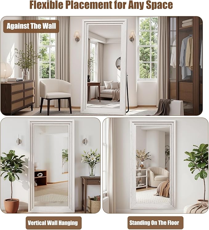 Full Length Mirror 71"x30", Large Solid Wood Frame Floor Mirror, Leaning Floor Mirror, Stable Frame, Shatterproof Glass, Modern Classic Style for Bedroom, Living Room, Entryway