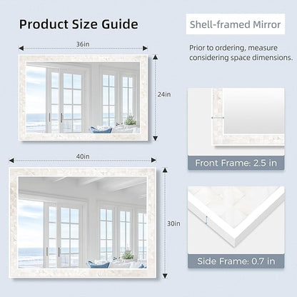 Tanmicoshomy White Shell Framed Rectangular Wall Mirrors for Bathroom, 24x36 Inch Mosaic Mirror for Bedroom Living Room or Entryway, Wall Mounted Horizontal or Vertical Hanging