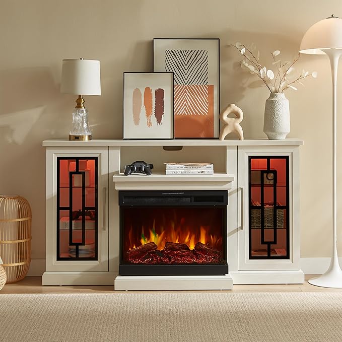 59 Inch LED TV Stand with 3-Side Glass Fireplace, Modern Media Entertainment Center Console Table for TVs up to 65 Inch with Adjustable Flame & LED Color, 24’’ Fireplace, Highboy, Antique White