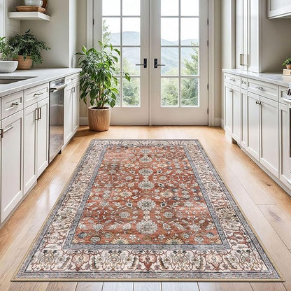KUTA Vintage Area Rug 4x6 Washable Rug Traditional Floor Cover Foldable Red Clay Ultra Thin Soft Retro Accent Indoor Distressed Non Slip Carpet Floral Print Mat Bedroom Living Room Dorm Office