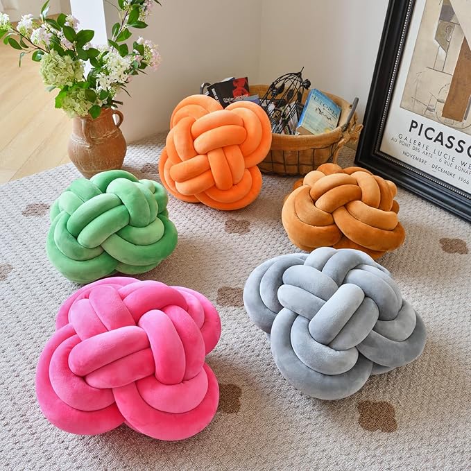 Xuyier Knot Pillow Ball, Decorative Throw Pillows with Velvet Fabric for Couch Bed, 12" Decor Knotted Square Floor Pillow Cushions for Living Room (12 Inches, Dark Yellow)