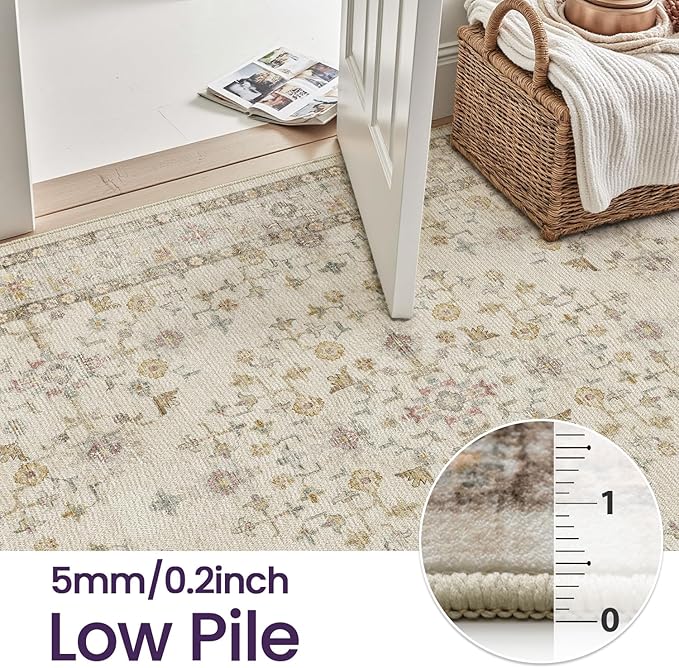 DEXI Area Rugs for Living Room, 5x8 Washable Low Pile Floral Rug for Bedroom, Non Slip Indoor Carpet for Dining Office Nursery, Ivory