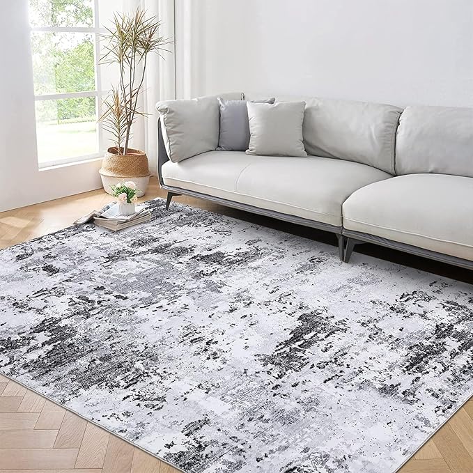 ROYHOME 9x12 Modern Abstract Accent Rug Non Slip for Living Room Stain Resistant Throw Rug Low Pile Machine Washable Indoor Floor Cover for Bedroom Office Home Decor, Grey