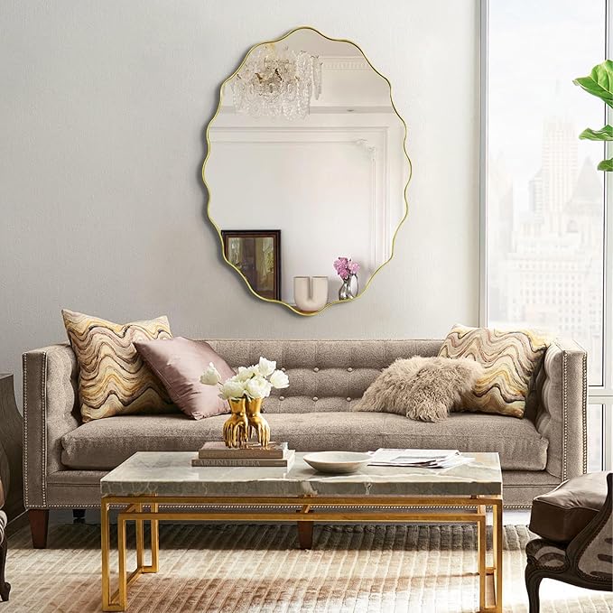 Scalloped Mirror, 35.5"x26" Oval Vanity Mirror for Over Sink, Gold Irregular Shaped Mirrors, Modern Wavy Round Mirrors for Living Room Bedroom Bathroom Hallway Entryway Fireplace