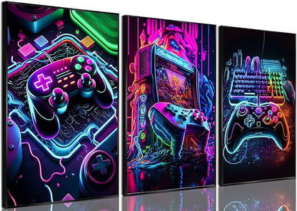 BGFCE Game Room Decor Posters Set of 3 - Neon Gaming Accessories Theme Canvas Wall Art, Gamer Console Paintings Picture Wall Decor for Children Youth Boys Bedroom 12x16 inch Unframed