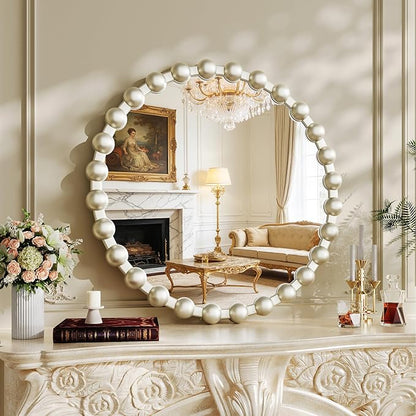 Round Mirror for Wall, 24 Inch Silver Round Vanity Mirror with Beaded Frame, Modern Decorative Wall Mirror for Bathroom, Entryway, Bedroom, Living Room, Shatter-Proof Tempered Glass, Silver