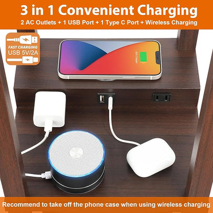 Mlambert Modern Shelf Floor Lamp with Wireless Charger & Fast Charging USB Ports & Type C Port & 2 Power Outlets,3 Tier Storage Lamp for Bedroom,Brown