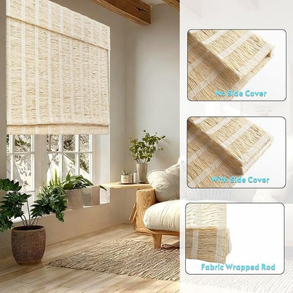 Motorized Bamboo Roman Shades, Motorized Blinds with Remote Compatible with Homekit, Alexa GoogleHome, Smart Wood Woven Shades for Indoor Windows, Customize, Sol Fringe