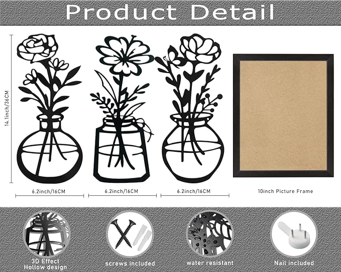 Lcaughsy Metal-Wall-Decor Living Room - 3 Pcs Metal Bathroom Wall Art Floral Vase and Picture Frame for Decoration- Hanging Display Wall Decor Art for Home Dining Room Bedroom Kitchen Farmhouse,Black