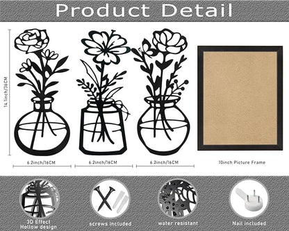 Lcaughsy Metal-Wall-Decor Living Room - 3 Pcs Metal Bathroom Wall Art Floral Vase and Picture Frame for Decoration- Hanging Display Wall Decor Art for Home Dining Room Bedroom Kitchen Farmhouse,Black