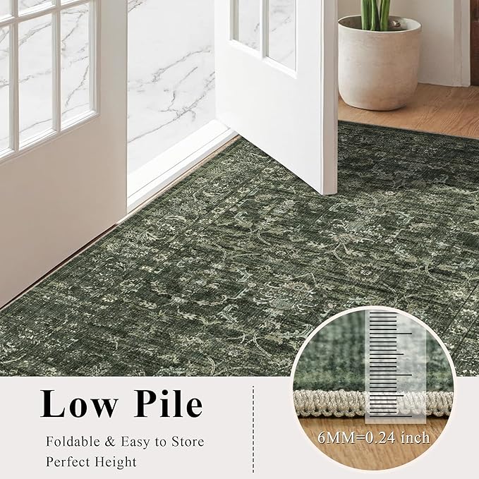 Washable Area Rug 2x6 Green Runner Rugs for Living Room, Vintage Boho Hallway Large Rug for Bedroom Dining Room Office, Distressed Floral Carpet for Under Table, Soft Non Slip Low Pile Throw Carpet