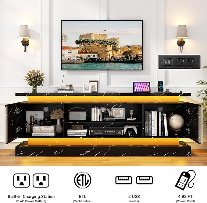 71" 2 LED Marble TV Stand for TVs 85 inch,High Gloss Gaming Tall Entertainment Center w/Power Outlet,6000-Colors LED Lights,Modern TV Media Console Table with 2 Cabinets for Living Room,Black Marble