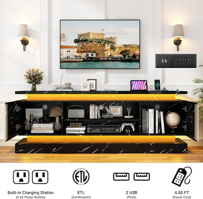71" 2 LED Marble TV Stand for TVs 85 inch,High Gloss Gaming Tall Entertainment Center w/Power Outlet,6000-Colors LED Lights,Modern TV Media Console Table with 2 Cabinets for Living Room,Black Marble
