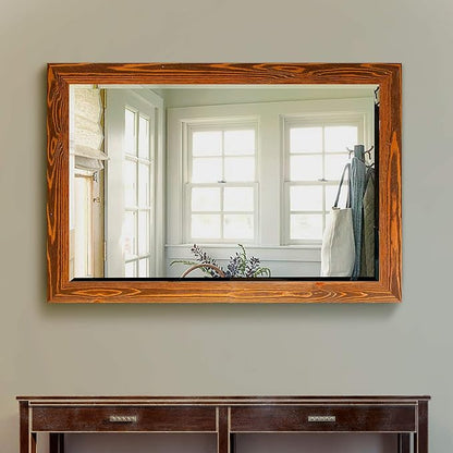 Renditions Gallery Rustic Horizontal Wooden Maple Frame Body Mirror Decor Aesthetic Wall Mounted Rectangle Farmhouse Vanity Mirror for Living Room Bedroom Bathroom - 41"x29" LT07