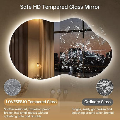 LOVESPEJO Irregular Backlit Mirror Bathroom 40x24 Inch, Asymmetrical Cloud LED Bathroom Mirror with Lights, Fogless, Dimmable, 3 Color Changing, Shatterproof,Horizontal/Vertical