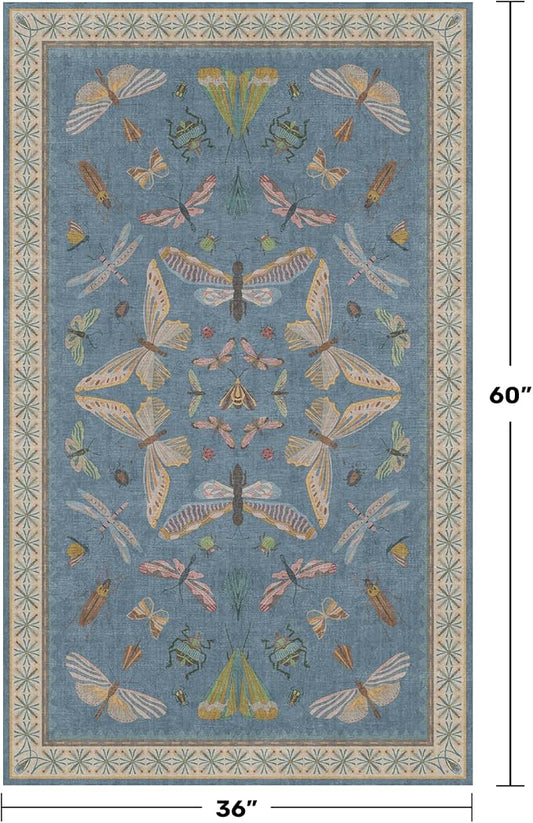 Hazo Haus Insect 3x5 Washable Stain Resistant Rugs for Large Kitchen, Ultra Soft Faux Wool Rugs for Kids Bedroom Beside Bed, Non Slip Entry Rug, Low Pile Fade Resistant, Dusty Blue