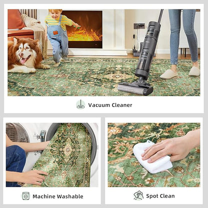 Green Rug 5x8 Area Rugs for Bedroom Washable Rugs Boho Vintage 5x8 Rug for Living Room Carpet Non-Slip Family & Pet Friendly Print Floor Rug(Border Green)