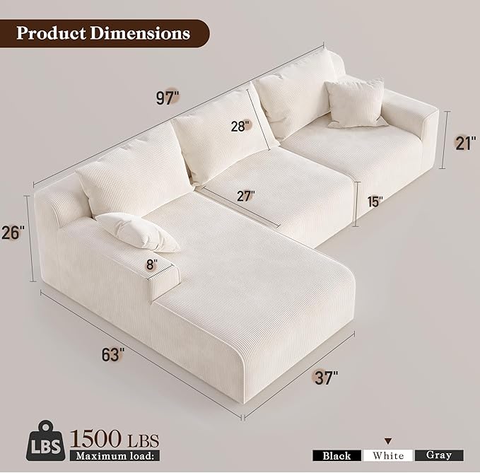 Homkdom L-Shaped Cloud Boneless Couch with Deep Seat, Modular Sectional Sofa with Oversized Chaise, 6 Layouts Combination for Living Room, Apartment, No Assembly (White Check, Left Facing Chaise)