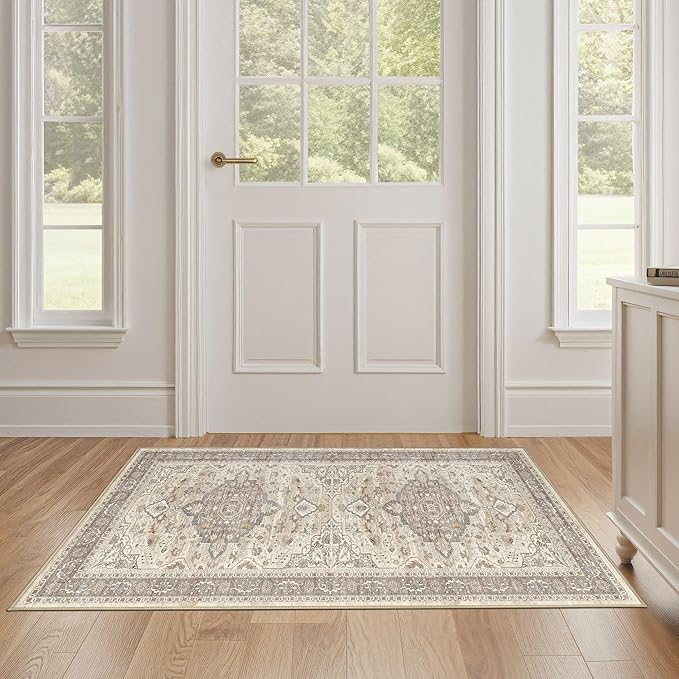 2x4 Rug Washable Runner Rug: Small Vintage Neutral Non-Slip Soft Accent Doormat Stain Resistant Floor Throw Mat for Entryway Kitchen Bedroom Nursery Entry Dorm- Brown