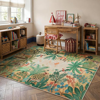 LIVEBOX Boho Jungle Animal Print 5 x 7 Area Rugs for Living Room, Soft Yellow Rug for Bedroom, Non-Slip Machine Washable Rugs for Dining Room Office, Kids Rugs for Playroom Sun Rug for Nursery Room