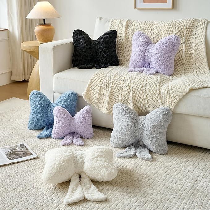 Bow Pillow, Decorative Bow Pillows with Soft Plush for Couch Bed, Bow Shaped Throw Pillow Room Decor for Bedroom, Bow Decorative Pillow for Living Room (Grey Blue, Large-16 Inches)