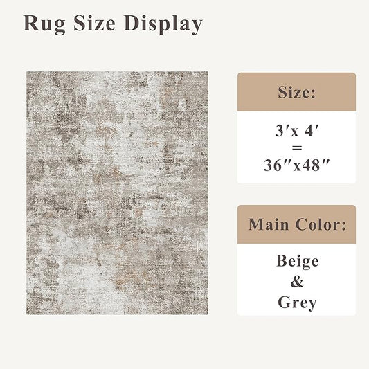 3x4 Washable Entryway Area Rug - Non-Slip Modern Small Indoor Mat for Bathroom,Living Room,Bedroom - Abstract Neutral Soft Low-Pile Throw Carpet with Rubber Backing (Beige Grey)