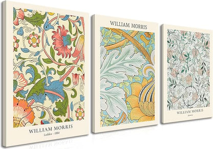 William Morris Vintage Floral Canvas Paintings - Abstract Wall Art Prints Set of 3, 12x16 in Framed, Modern Eclectic Wall Decor for Living Room, Bathroom, Bedroom, Office