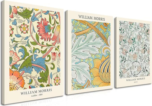 William Morris Vintage Floral Canvas Paintings - Abstract Wall Art Prints Set of 3, 12x16 in Framed, Modern Eclectic Wall Decor for Living Room, Bathroom, Bedroom, Office