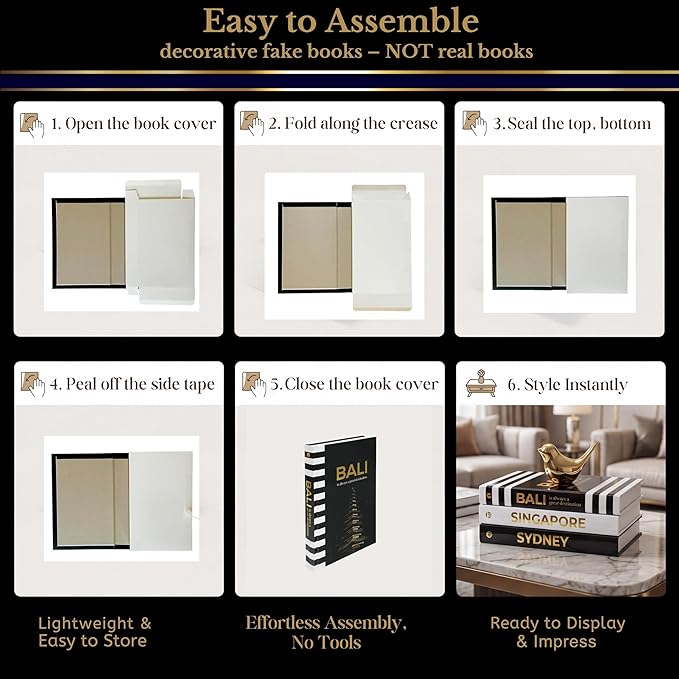 Decorative Books for Home Decor - Black and Gold Foiled Decor Books for Coffee Table - Decorative Hardcover Display Faux Books for Bookshelf – Fashion Designer Books Decor Set of 3