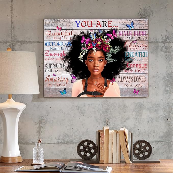 WOWGOOMO Vintage African American Women Wall Art Fashion Black Girl Portrait Canvas Pictures You Are Bible Quotes Poster for Living Room Bedroom Home Office Framed Inspirational Gift for Women 16"x24"