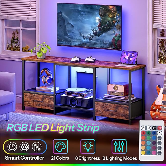 HOOBRO LED TV Stand with Storage, LED Entertainment Center with Open Shelves and Drawer, Fits TVs up to 55", Television Stand for Living Room, Bedroom, Rustic Brown and Black BF123DDS01G1