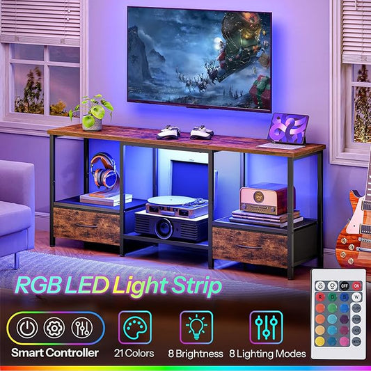 HOOBRO LED TV Stand with Storage, LED Entertainment Center with Open Shelves and Drawer, Fits TVs up to 55", Television Stand for Living Room, Bedroom, Rustic Brown and Black BF123DDS01G1