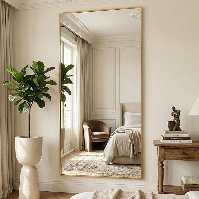 Antok 78''x38'' Full Length Mirror, Shatterproof HD Oversized Floor Mirror with Stand, Aluminum Alloy Frame Leaning Standing or Wall Mounted Mirror for Bedroom Living Room Entryway, Gold