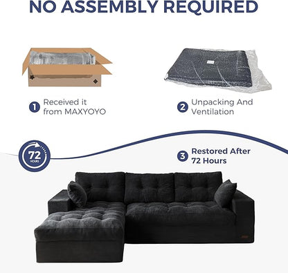 MAXYOYO 104" L Shaped Modular Sectional Sofa with Ottoman, Cloud Boneless Couch with Layered Cushion, Upholstered Sofa Flexible Module Combination for Living Room, No Assembly, Black