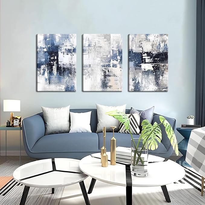 Abstract Blue and White Wall Art Set of 3, Modern Simple Navy Framed Canvas Prints Poster, Gray Painting Picture for Living Room, Bedroom, Office Wall Decor 12x16 Inch