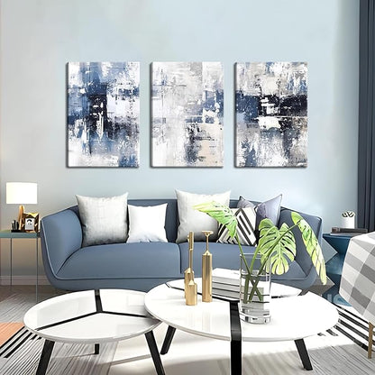Abstract Blue and White Wall Art Set of 3, Modern Simple Navy Framed Canvas Prints Poster, Gray Painting Picture for Living Room, Bedroom, Office Wall Decor 16x24 Inch