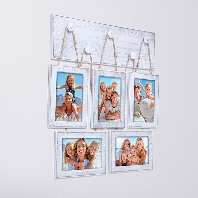 4x6 Picture Frames Collage for Wall Set of 5, Rustic Farmhouse Distressed Solid Wood Photo Frames, White Vintage Wooden Frames for Wall & Tabletop Display, Gallery Wall Decor for Living Room Bedroom