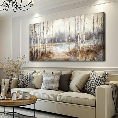 QIYILEXWART Canvas Wall Art For Living Room Large Wall Decor For Office Bedroom Decorations By The Lake Pictures Birch Forest Painting Stretched And Framed Artwork Room Ready To Hang