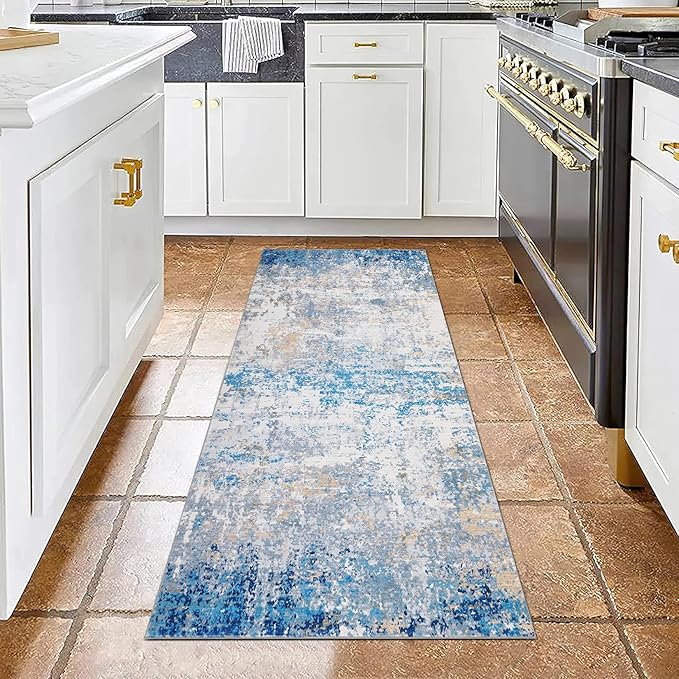 ROYHOME Modern Abstract Runner Rug 2x5 Washable Non Slip Stain Resistant Rug for Bedroom Living Room Non Shedding Low Pile Indoor Floor Cover,Blue/Grey