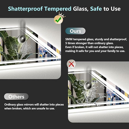 60x28 LED Bathroom Mirror with Lights, Backlit and Front Lit Anti-Fog Lighted Vanity Mirrors for Bathroom Wall, Dimmable, 3-Color Light, Memory, Shatter-Proof, HD Tempered Glass, CRI＞90