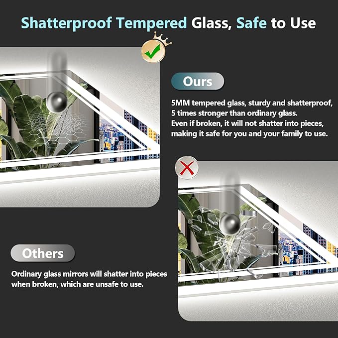 60x40 LED Bathroom Mirror with Lights, Backlit and Front Lit Anti-Fog Lighted Vanity Mirrors for Bathroom Wall, Dimmable, 3-Color Light, Memory, Shatter-Proof, HD Tempered Glass, CRI＞90