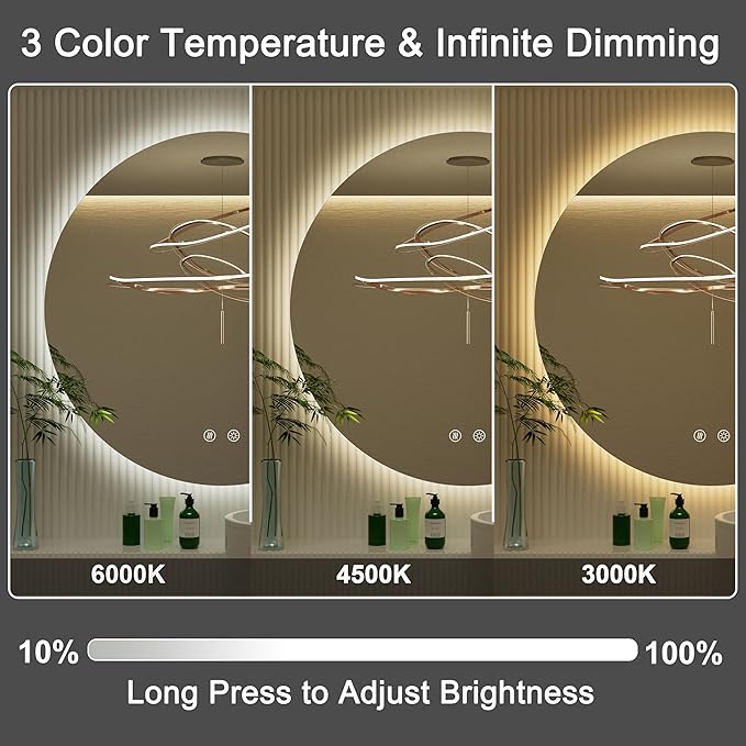 30 Inch Round LED Bathroom Mirror with Light, 3 Color Temperatures (3000K/4500K/6000K), Anti-Fog, Dimmable Backlit, Frameless Round Lighted Bathroom Mirror