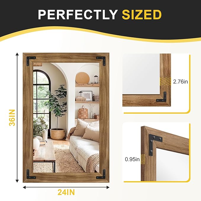 Wood Bathroom Mirror for Wall, 24"x36" Rustic Farmhouse Wood Framed Mirror for Bathroom Sink, Entryway, Living Room, Bedroom