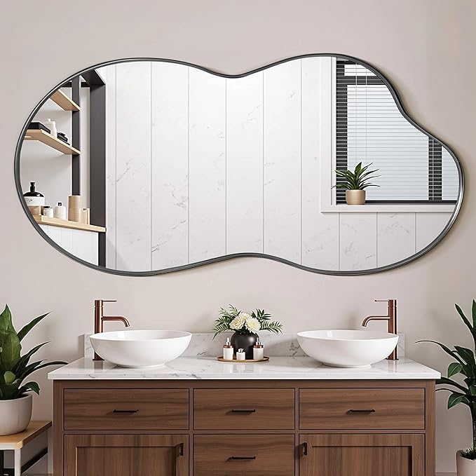 Suidia Irregular Wall Mirror, 48"x26" Bathroom Mirror Asymmetrical Mirrors Artistic Mirrors Decorative for Living Room Bedroom Bathroom Hallway Entryway, Black, Cloud Style
