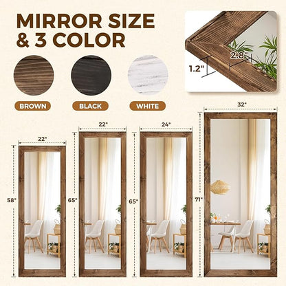 Full Length Mirror 65"x24" - Beveled Edge Rustic Brown Dressing Mirror, Solid Wood Frame, Wall Mounted or Standing for Bedroom, Entryway, Living Room