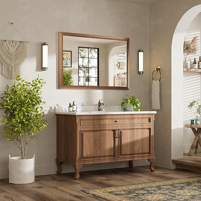 48x32 Inch Bathroom Mirror for Wall, Anti-Rust Walnut Wood Grain Metal Framed Bathroom Mirrors for Over Sink,Rectangler Mirrors for Bathroom Vanity, Farmhouse, Bedroom, Living Room, Entryway Decor
