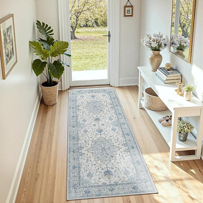 RELEANY Area Rugs 3'x6' Runner Rug Non Slip Washable for Kitchen Hallway Bedroom Beside Laundry Room Bathroom Rug, Floor Carpet, Light Blue Navy Beige Gray White