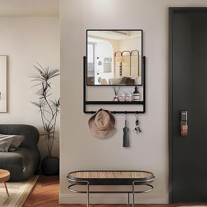 Modern Black Square Wall Mirror with Shelf and Hooks, 21.7 x 29.3 Inch Large Bathroom Mirror with 10° Adjustable Tilt for Entryway, Living Room, Hallway, Bedroom