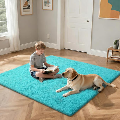 yongyangjuxin Teal Blue Rug Fluffy Rug, 9x12 Teal Area Rugs for Living Room, Soft Cute Baby Play Mat, Teal Rugs for Bedroom, Nursery, Preppy Dorm, Plush Aesthetic