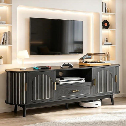 70" Fluted TV Stand for Tvs up to 80", Mid-Century Modern Entertainment Center with Drawers and Fluted Doors, Curved TV Media Console Table with Sliding Doors for Living Room, Bedroom (70" Black)